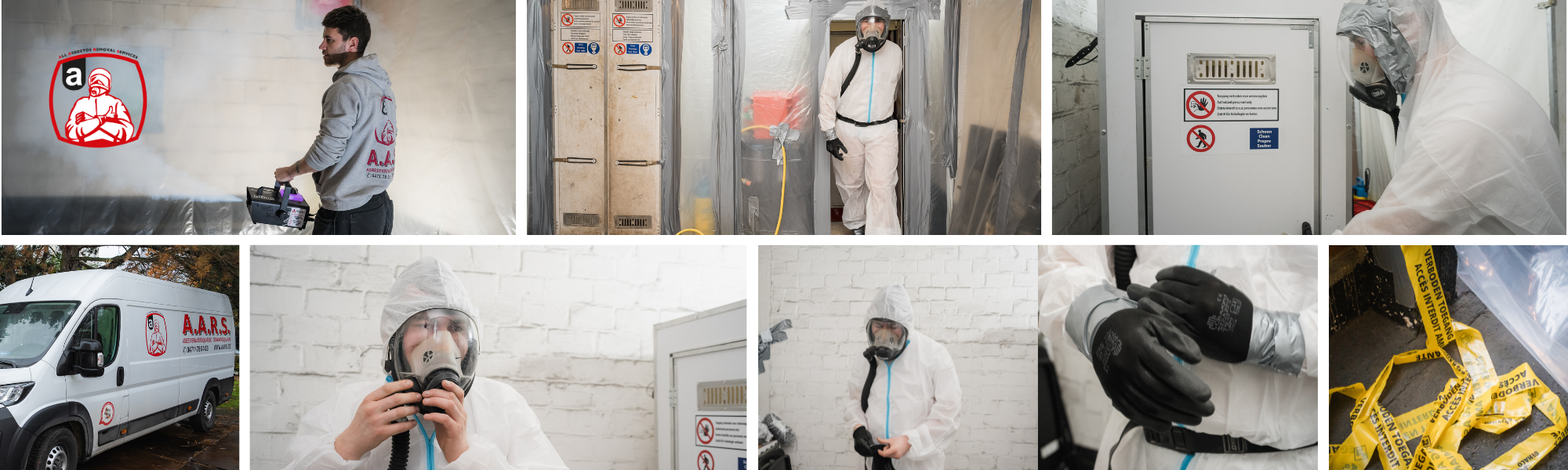 De afbeelding toont een kantooromgeving. Op de voorgrond zit een persoon die aan het telefoneren is, met een computer en een laptop op het bureau. Het computerscherm toont de website van A.A.R.S. (All Asbestos Removal Services), die informatie verstrekt over asbestsanering en gerelateerde diensten. Er staat een koffiemok op het bureau met het logo van A.A.R.S., wat de branding van het bedrijf benadrukt. De achtergrond bestaat uit glazen ramen met jaloezieën, wat een professionele setting suggereert. Het geheel wijst op een administratieve omgeving van het bedrijf.r
